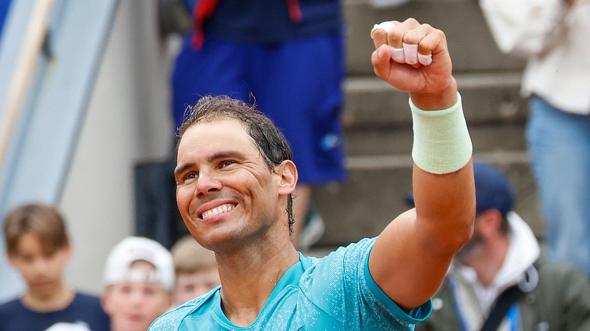 (Adam Ihse/TT News Agency via AP) : Rafael Nadal of Spain celebrates after defeating Leo Borg of Sweden in their men's singles match at the Nordea Open Tennis tournament in Bastad, Sweden, Tuesday July 16, 2024. 